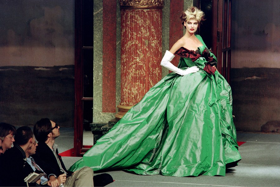Linda Evangelista wearing a ‘Watteau’ evening gown in Vivienne Westwood’s 1996 Spring/Summer ready-to-wear collection, shown in Paris, October 1995.