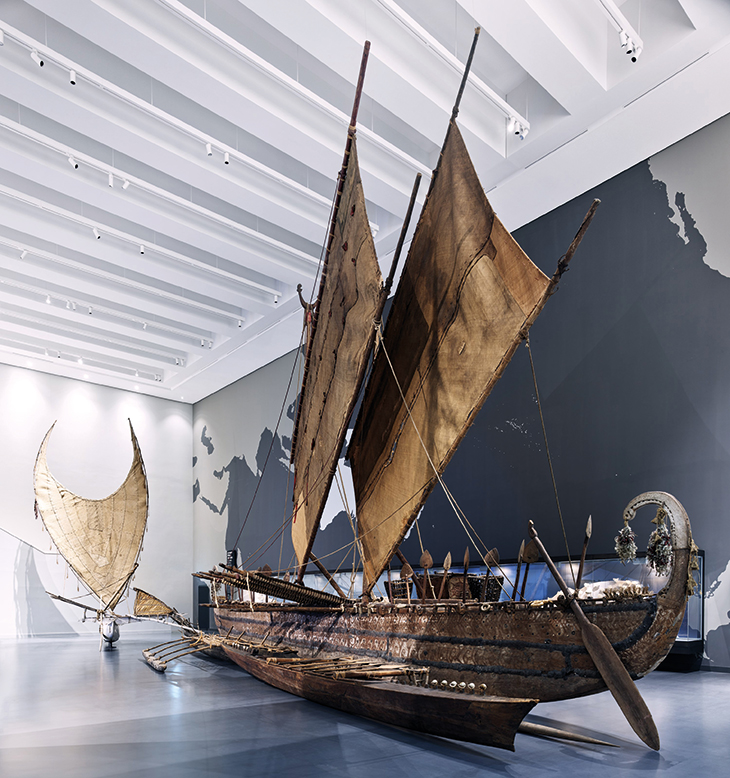 Outrigger ship, late 19th century, from the island of Luf, installed in the ‘Oceania’ display at the Humboldt Forum, Berlin, in 2021.