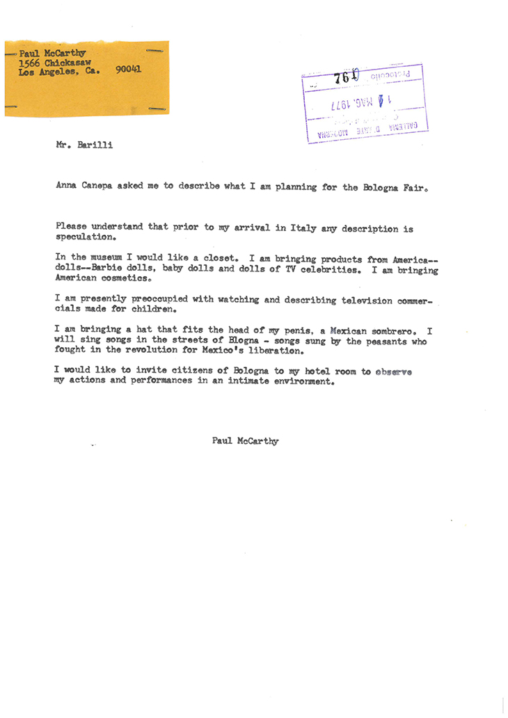 Paul McCarthy, letter to Renato Barilli, 11 May 1977.
