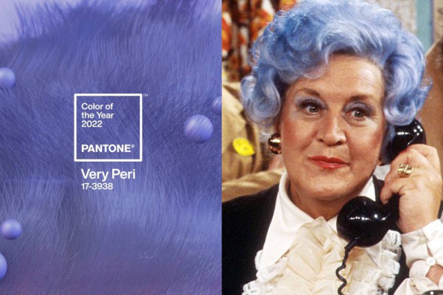 Left: Blue Rinse, as sported by Mollie Sugden in ‘Are You Being Served?’ Right: Pantone’s Color of the Year 2022