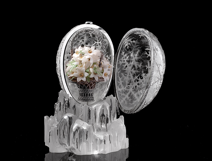 Winter egg, with a basket of anemones (1912–13), designed by Alma Theresia Pihl and made by Albert Holmström for Fabergé. Private collection