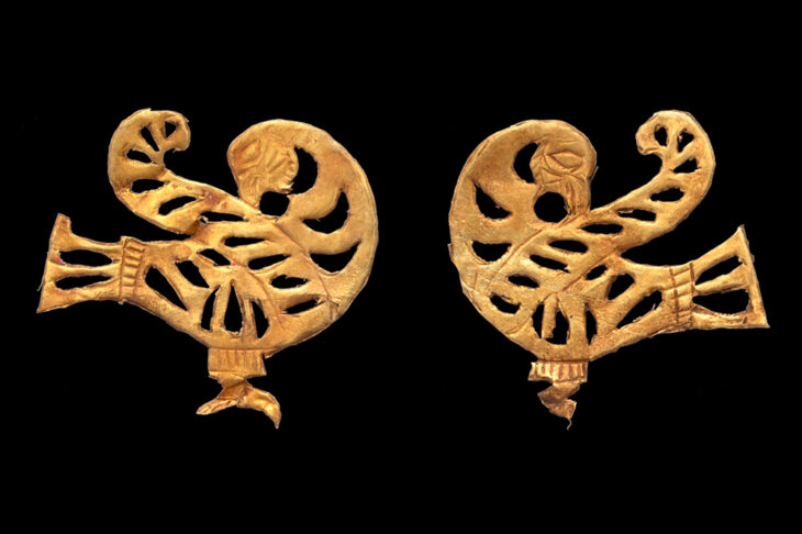 Two gold headdress plaques in the form of birds, c. 4th–3rd century BC, Eleke Sazy burial complex, Kazakhstan