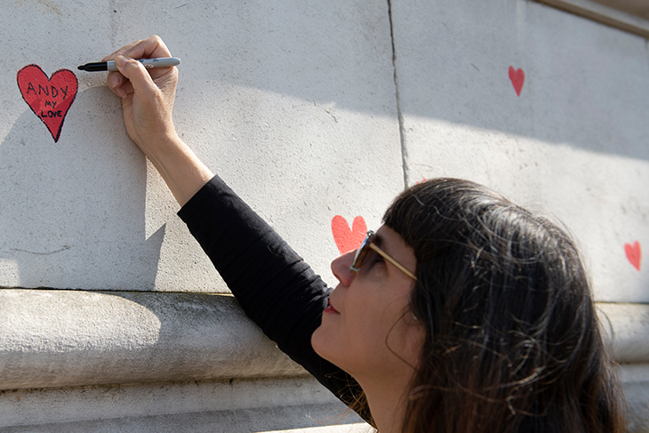 Catherine Mayer at the memorial wall, March 2021.