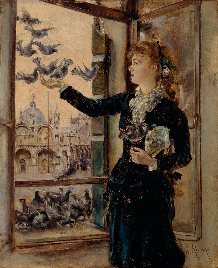Mädchen an einem Fenster zum Markusplatz, Tauben fütternd (c. 1875), Anton Romako. 