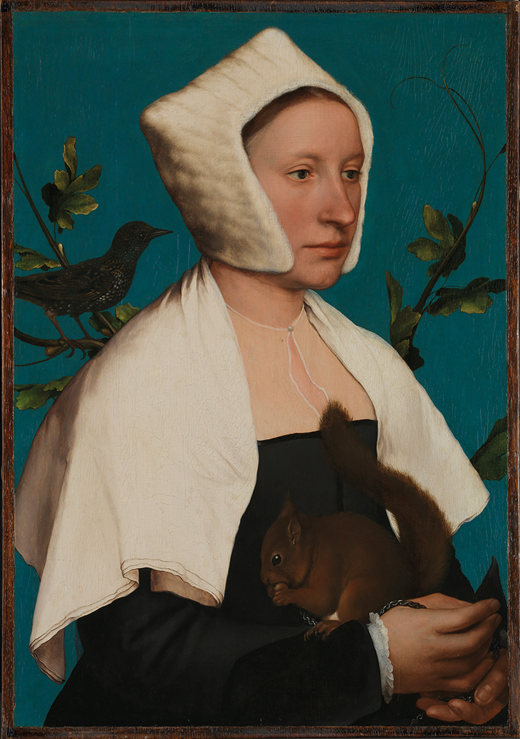 A Lady with a Squirrel and a Starling (Anne Lovell?) (1526–28), Hans Holbein the Younger.