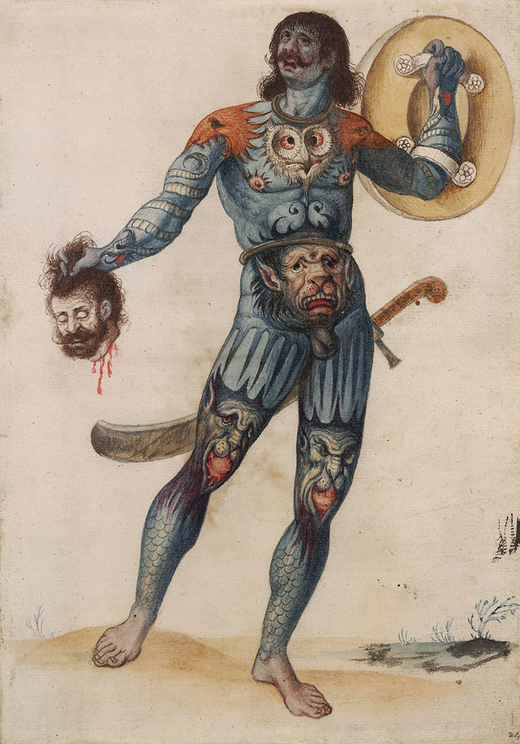 A Pictish warrior holding a human head, drawn by John White in 1585–93.