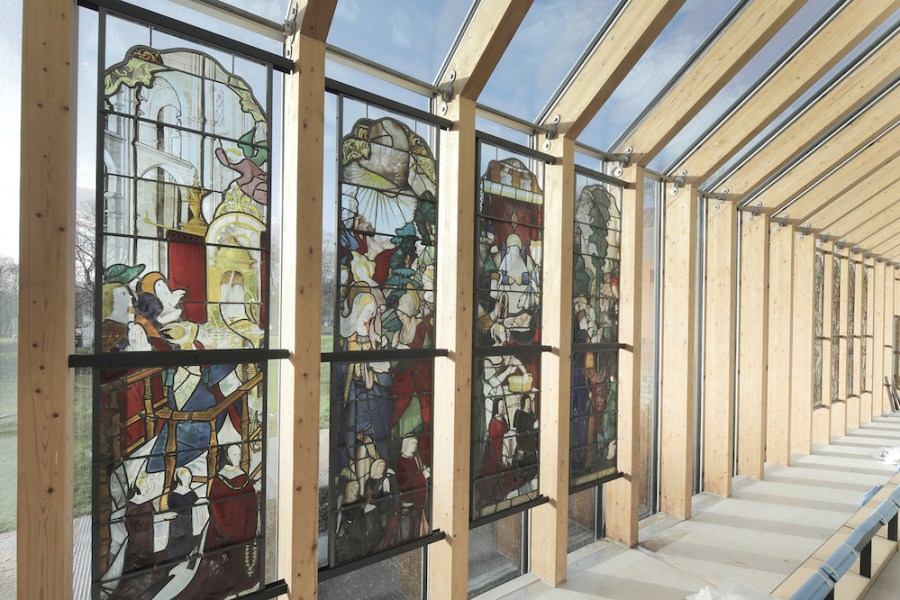 Four stained-glass panels from a group of eight depicting scenes from the life of John the Baptist, made in Rouen in c. 1510 and installed in the south wall of the Burrell Collection, Glasgow.