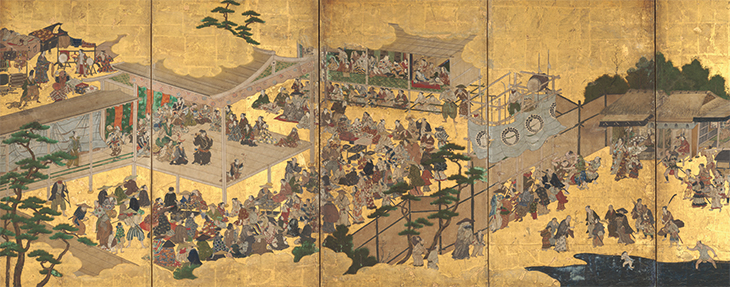 Folding screen with scenes of women’s kabuki, c. 1615, studio of Kano Takanobu. Metropolitan Museum of Art, New York