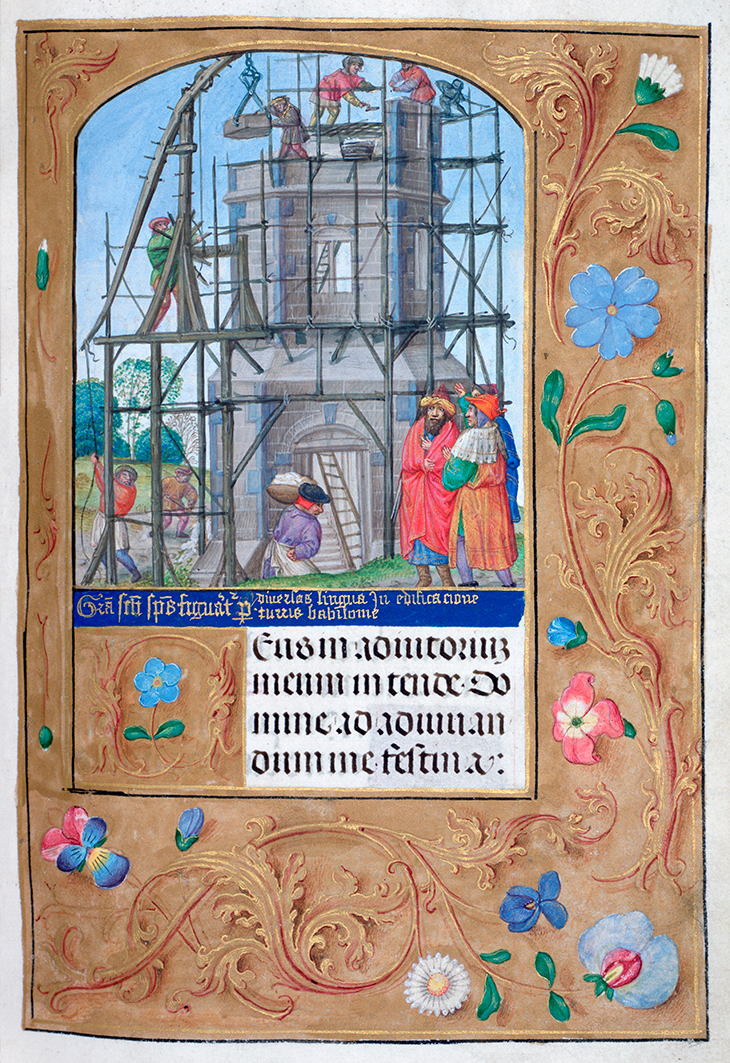 Illumination showing the construction of the Tower of Babel, from a Book of Hours (after 1512), Flemish.