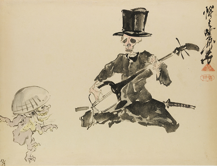 Skeleton Shamisen Player in Top Hat with Dancing Monster (1871–80), Kawanabe Kyosai.