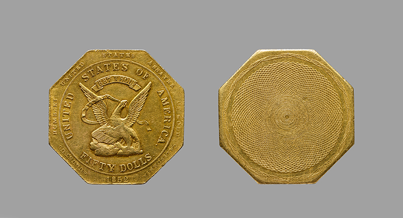 50 dollar coin (1852), George Albert Ferdinand Kuner, die cutter, Augustus G. Humbert, assayer, and United States Assay Office of Gold, mint. Yale University Art Gallery, New Haven