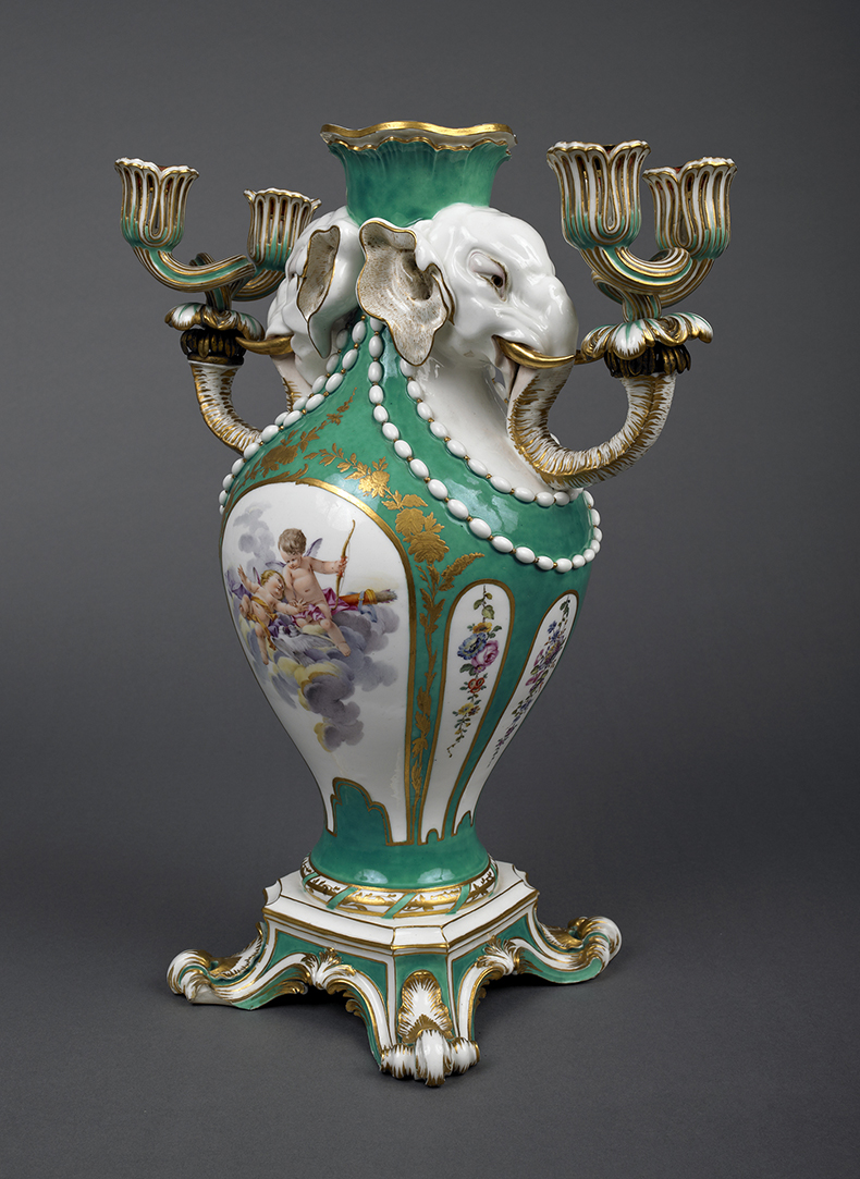 Vase with the head of an elephant (1757), designed by Jean Claude Chambellan Duplessis the Elder and painted by Charles-Nicolas Dodin for Sèvres. The Wallace Collection, London