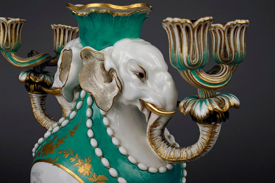 Vase with the head of an elephant (1757), designed by Jean Claude Chambellan Duplessis the Elder and painted by Charles-Nicolas Dodin for Sèvres. The Wallace Collection, London