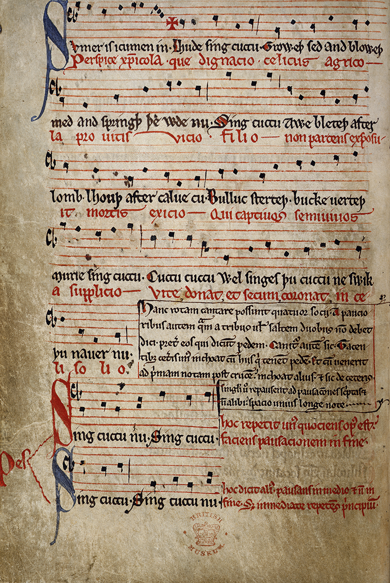 Page showing notation of the song ‘Sumer is icumen in’ from a 13th-century miscellany of poems, fables, musical and medical texts.