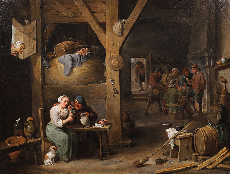 Barn scene with a man courting a young woman and several figures (1681), David Teniers II.