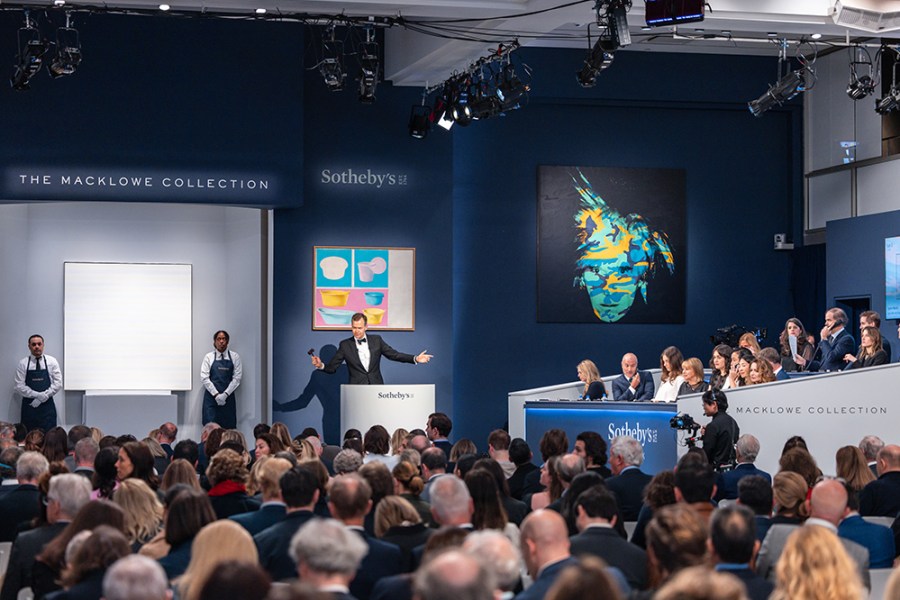 Sotheby’s Oliver Barker fields bids during the second Macklowe collection sale on 16 May 2022. Courtesy Sotheby's.