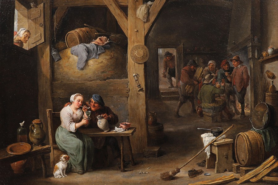 Barn scene with a man courting a young woman and several figures (detail; 1681), David Teniers II.