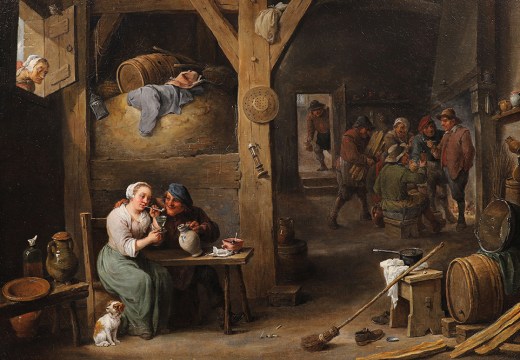 Barn scene with a man courting a young woman and several figures (detail; 1681), David Teniers II.