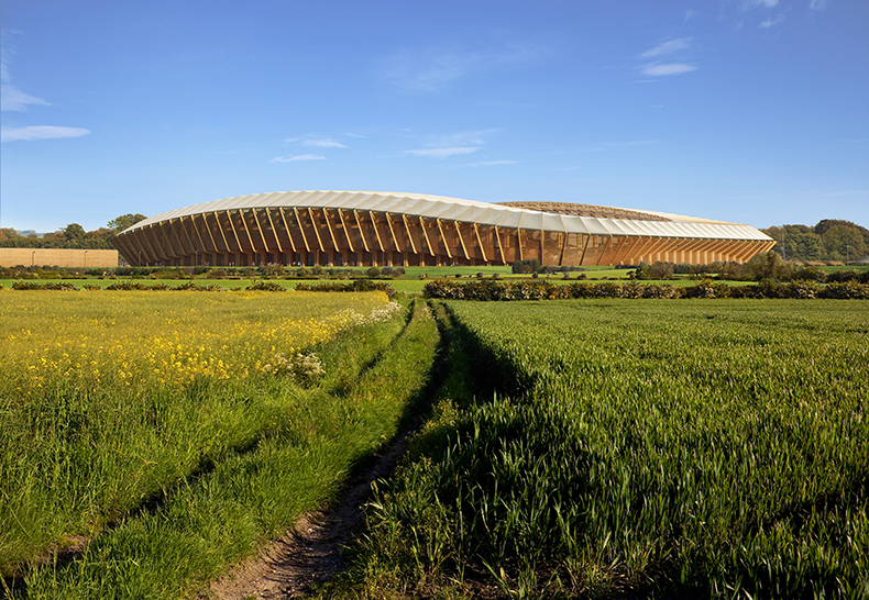 Render of the new Forest Green Rovers stadium designed by Zaha Hadid Architects.