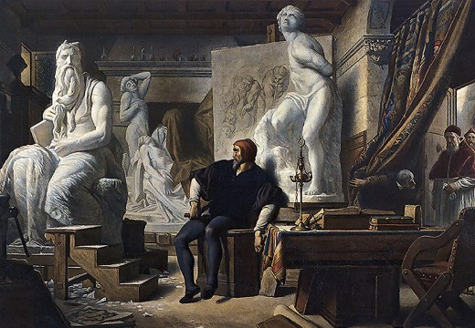Michelangelo in his studio, visited by Pope Julius II