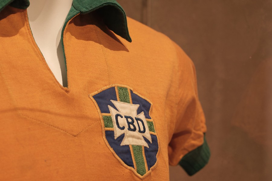 Installation view of Pelé’s shirt from the 1958 FIFA World Cup.