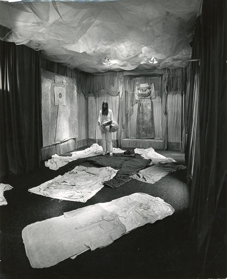 Heidi Bucher in her Zurich studio, Borg, with various soft sculptures