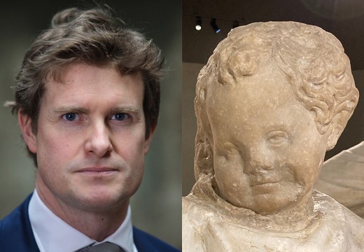 Tristram Hunt, director of the Victoria and Albert Museum (left); stone figure of Eros from the 3rd century BC Sidmara sarcophagus (right).