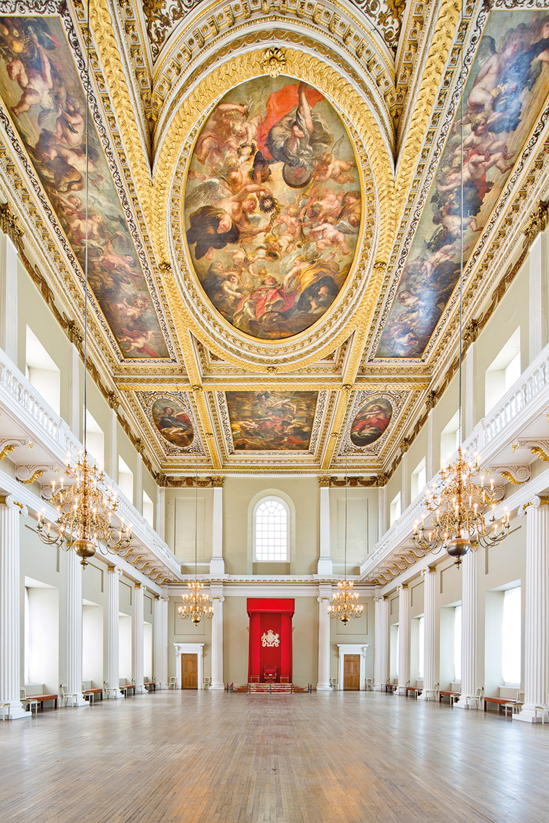Inside Banqueting House, London, with a view of the series of canvases painted by Rubens in 1635.