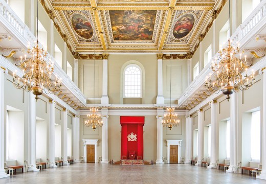 Inside Banqueting House, London, with a view of the series of canvases painted by Rubens in 1635.