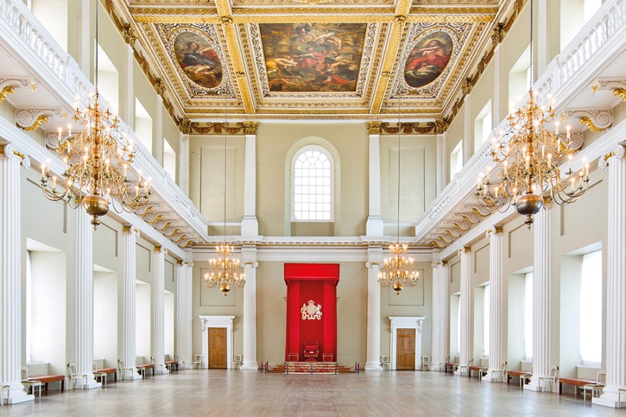Inside Banqueting House, London, with a view of the series of canvases painted by Rubens in 1635.