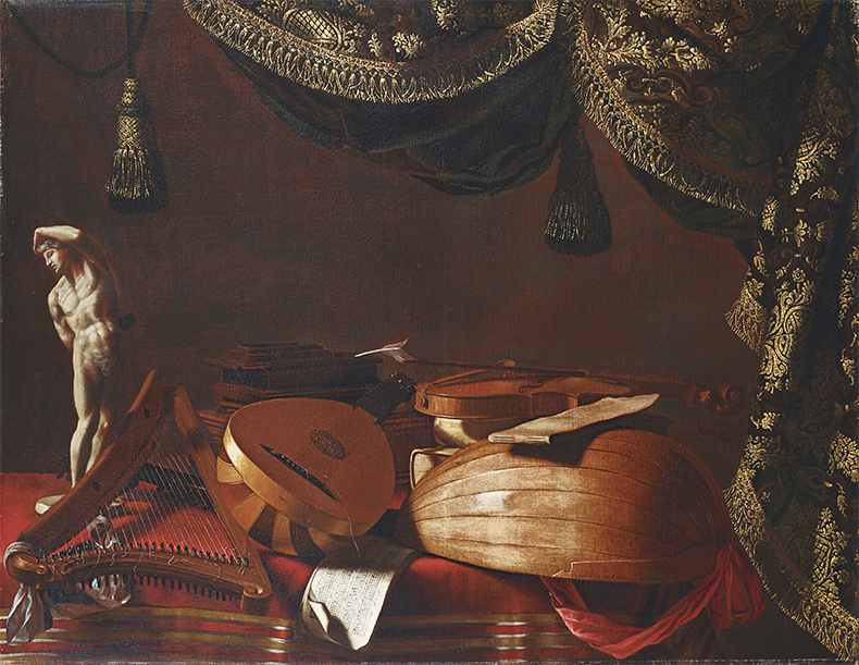 Harp, Italian guitar (chitarrino), lute-theorbo, violin and bow, score, books, inkwell, quill, statuette, green curtain (c. 1660), Evaristo Baschenis. Accademia Carrara, Bergamo