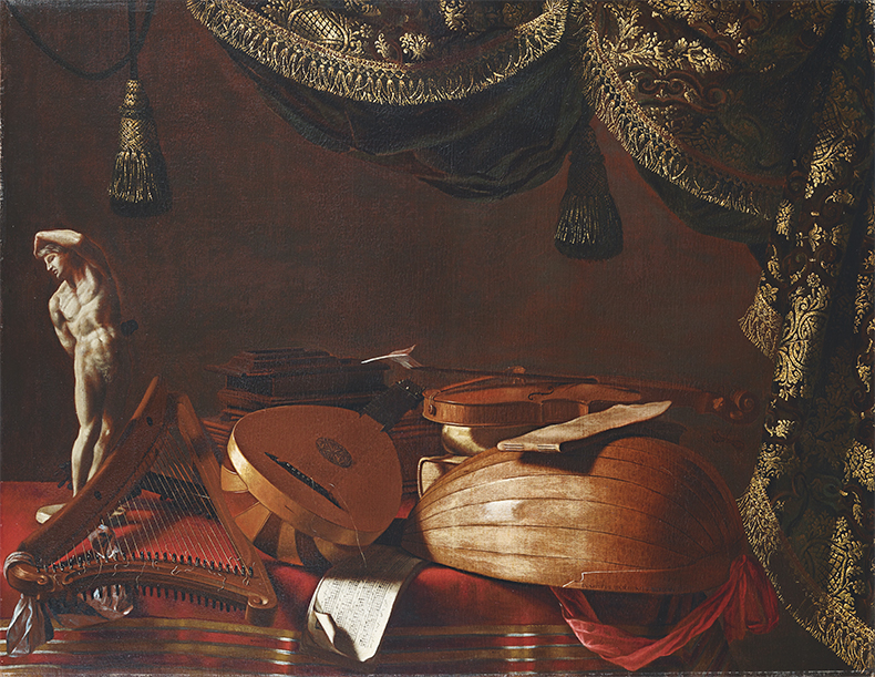 Harp, Italian guitar (chitarrino), lute-theorbo, violin and bow, score, books, inkwell, quill, statuette, green curtain (c. 1660), Evaristo Baschenis. Accademia Carrara, Bergamo