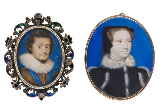 Young man in gold-decorated harness (left) and Maria Stuart (right) (1594 and c. 1600), Nicolas Hilliard and unknown artist.