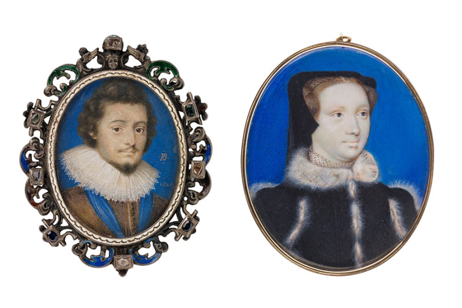 Young man in gold-decorated harness (left) and Maria Stuart (right) (1594 and c. 1600), Nicolas Hilliard and unknown artist.