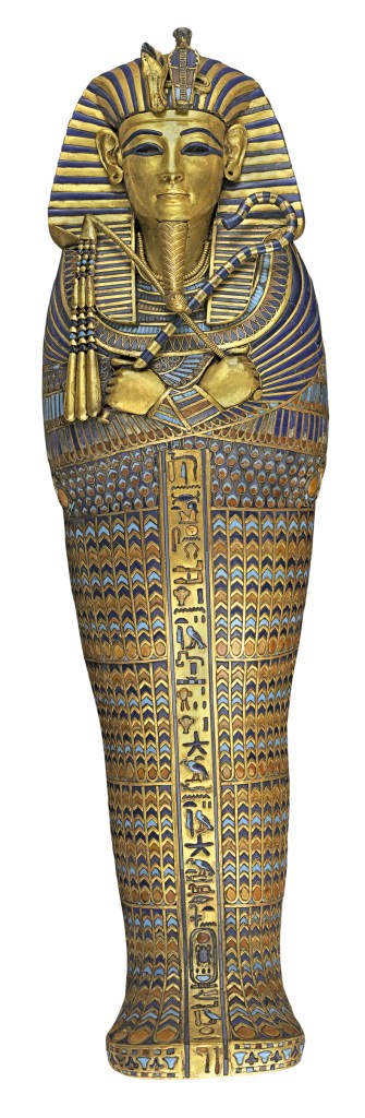 Miniature canopic coffin (one of four) from the tomb of Tutankhamun (c. 1320 BC), Egypt, gold, glass and semi-precious stones. Grand Egyptian Museum, Cairo.