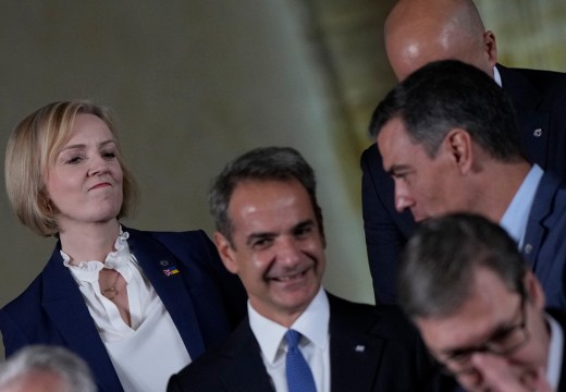 Liz Truss, with Greek Prime Minister Kyriakos Mitsotakis (second from left). Photo: Alastair Grant/Pool/Getty Image