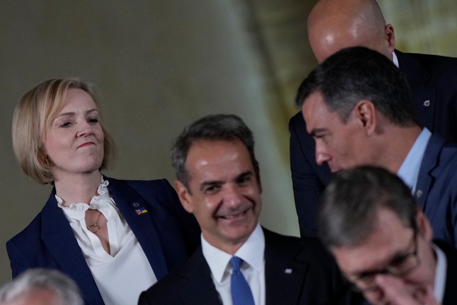 Liz Truss, with Greek Prime Minister Kyriakos Mitsotakis (second from left). Photo: Alastair Grant/Pool/Getty Image