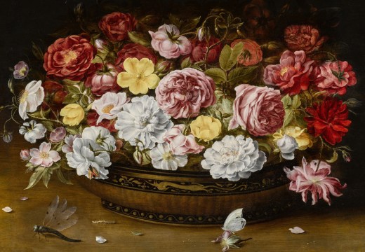 Still life of roses in an oriental lacquer and canework bowl, on a ledge with a butterfly and dragonfly (17th century), Osias Beert the Elder. Courtesy Sotheby's