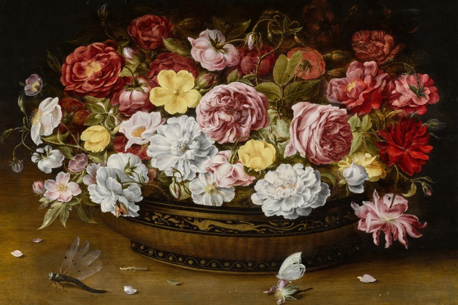 Still life of roses in an oriental lacquer and canework bowl, on a ledge with a butterfly and dragonfly (17th century), Osias Beert the Elder. Courtesy Sotheby's