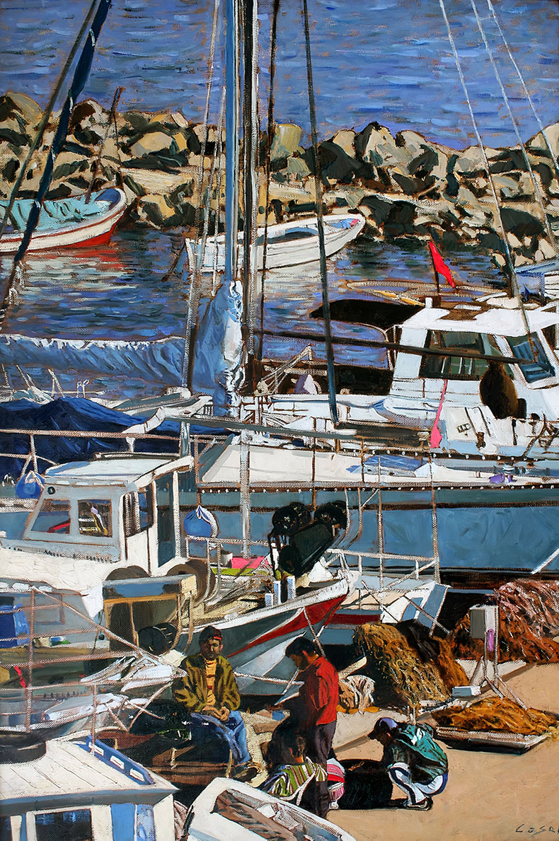 Painting of fisherman at a port