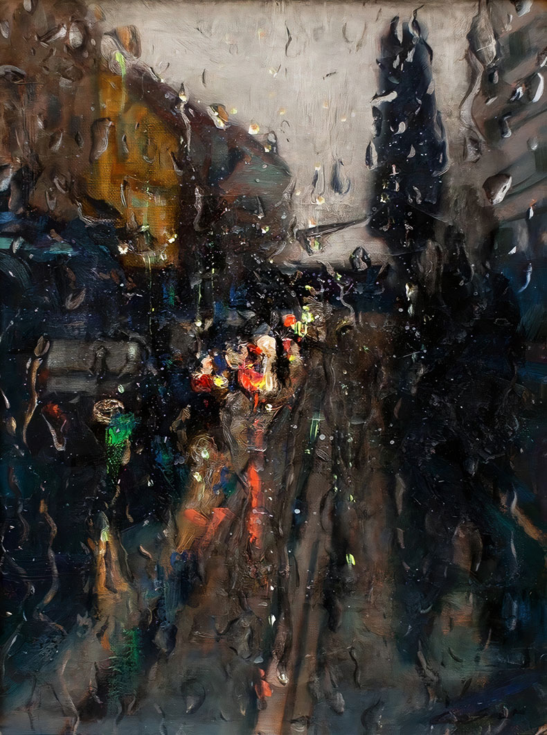 Painting of rainy city scene