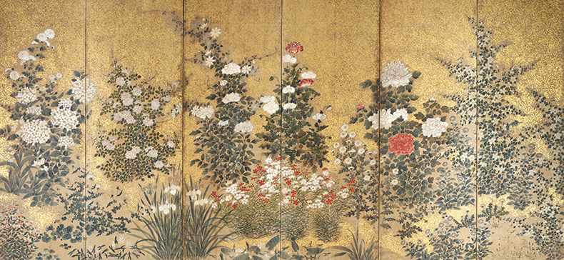 Japanese floral paintings. Pigment on gold leaf. 18th century.