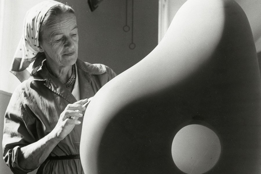 Barbara Hepworth carving in her studio