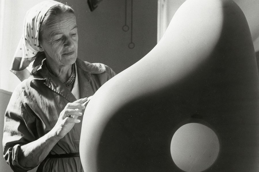 Barbara Hepworth carving in her studio