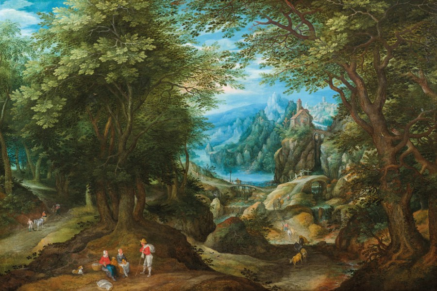 Wooded Landscape Opening on to a Mountain Range (detail; c. 1600–10), Denijs van Alsloot (1570–1628) and workshop of Jan Brueghel the Elder (1568–1625). De Jonckheere at Art en Vieille-Ville