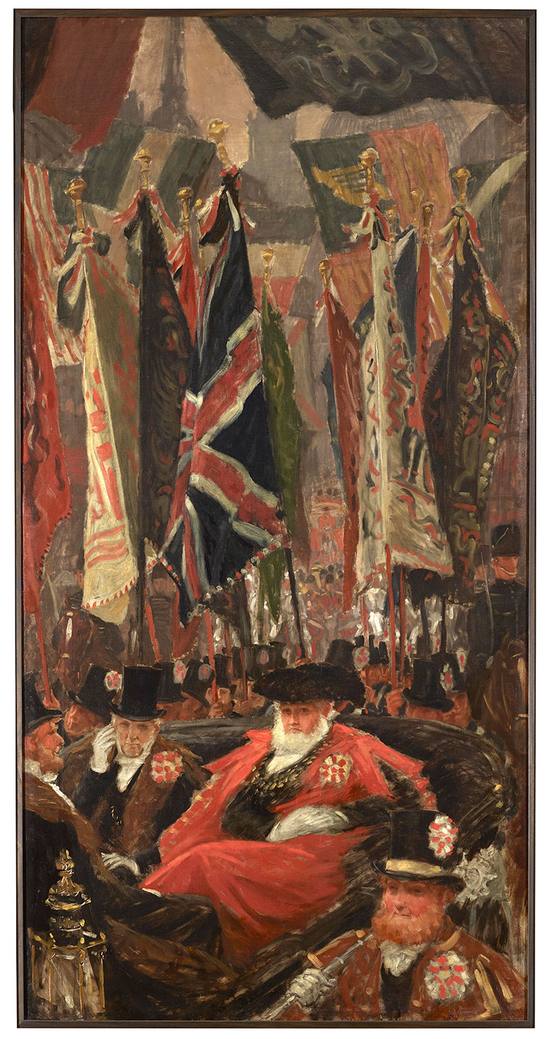painting of a procession through the city with flags