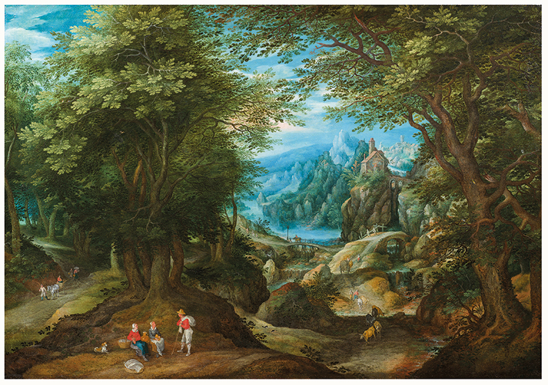 Wooded Landscape Opening on to a Mountain Range,(c. 1600–10), Denijs van Alsloot (1570–1628) and workshop of Jan Brueghel the Elder (1568–1625). De Jonckheere at Art en Vieille-Ville