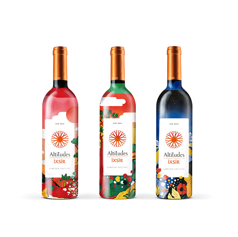 Three bottle of wine with colourful labels