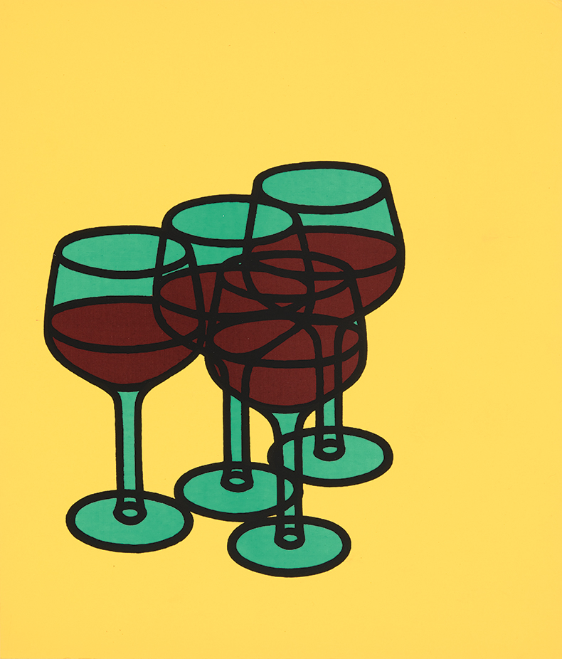painting of wine glasses against a yellow background