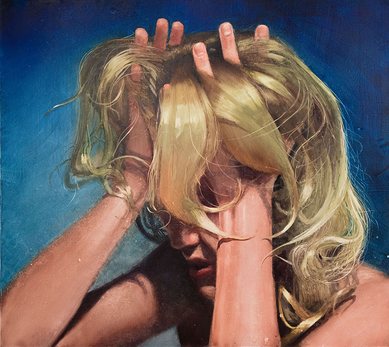 painting of a bold woman running her fingers through her hair